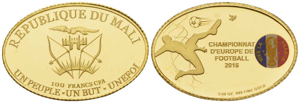 Мали 100 франков 2016 Чемпионат Европы по футболу во Франции, овал, эмаль KM NEW золото PROOF 00-820-13