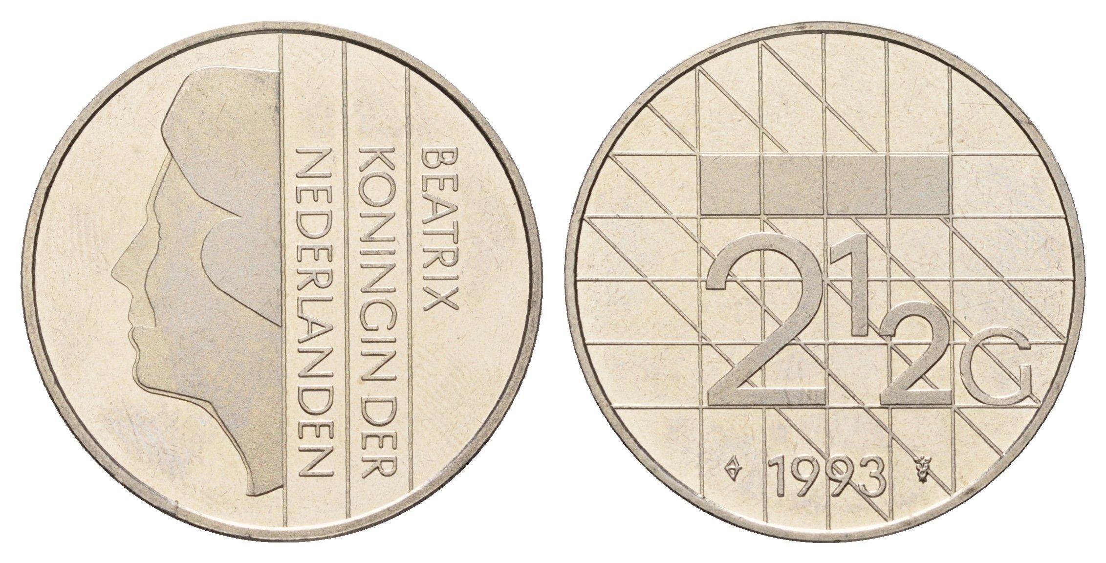 Нидерланды 2 1/2 гульдена 1993 Беатрикс (1980-2013), редкий год KM 206 никель UNC 4367-623