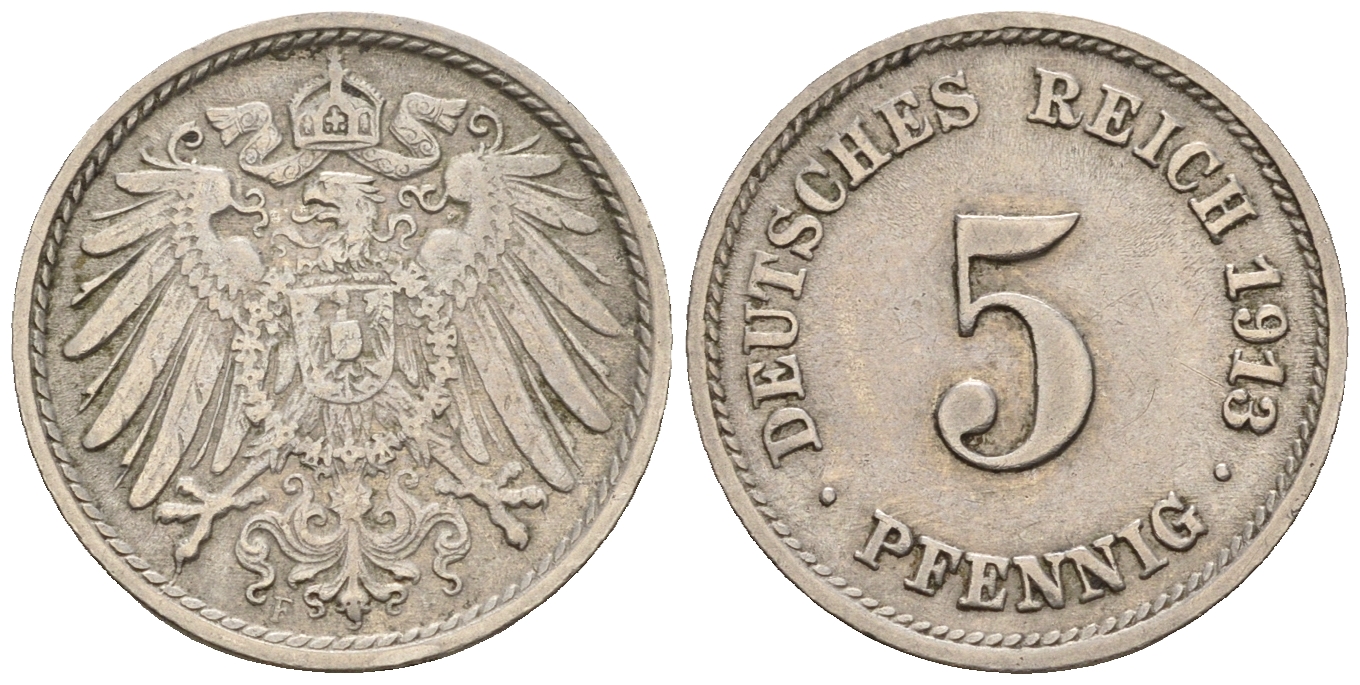 Германия 5 пфеннигов 1913 F, KM 11, J. 12 медно-никель 220-652
