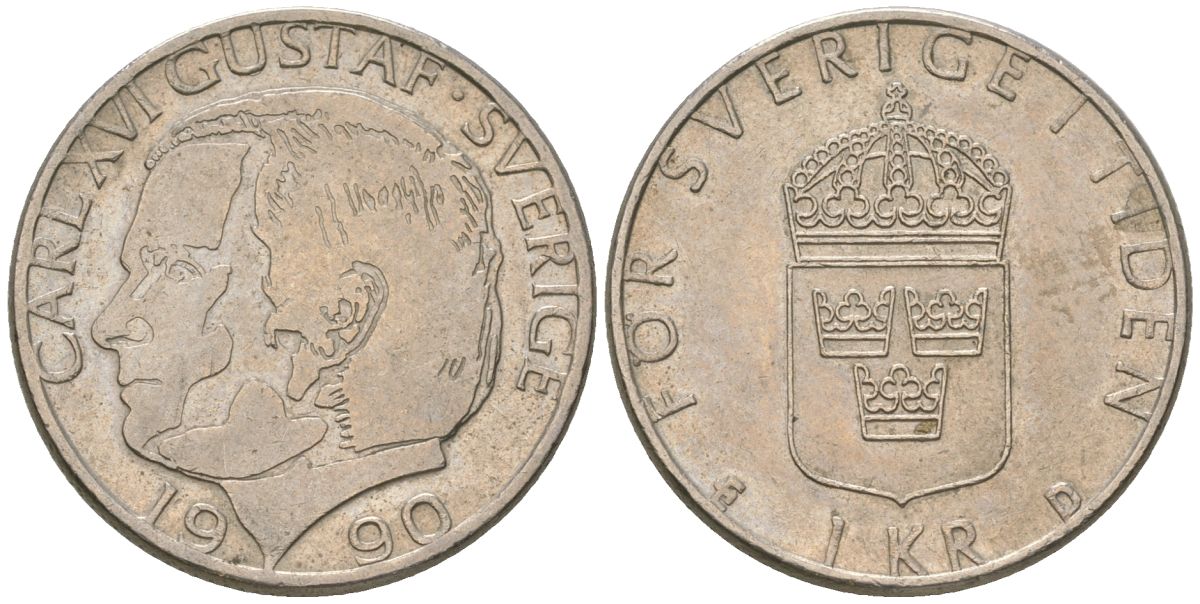 Швеция 1 крона 1990 D, Карл XVI Густав (1973-) KM 852a медно-никель 4616-952