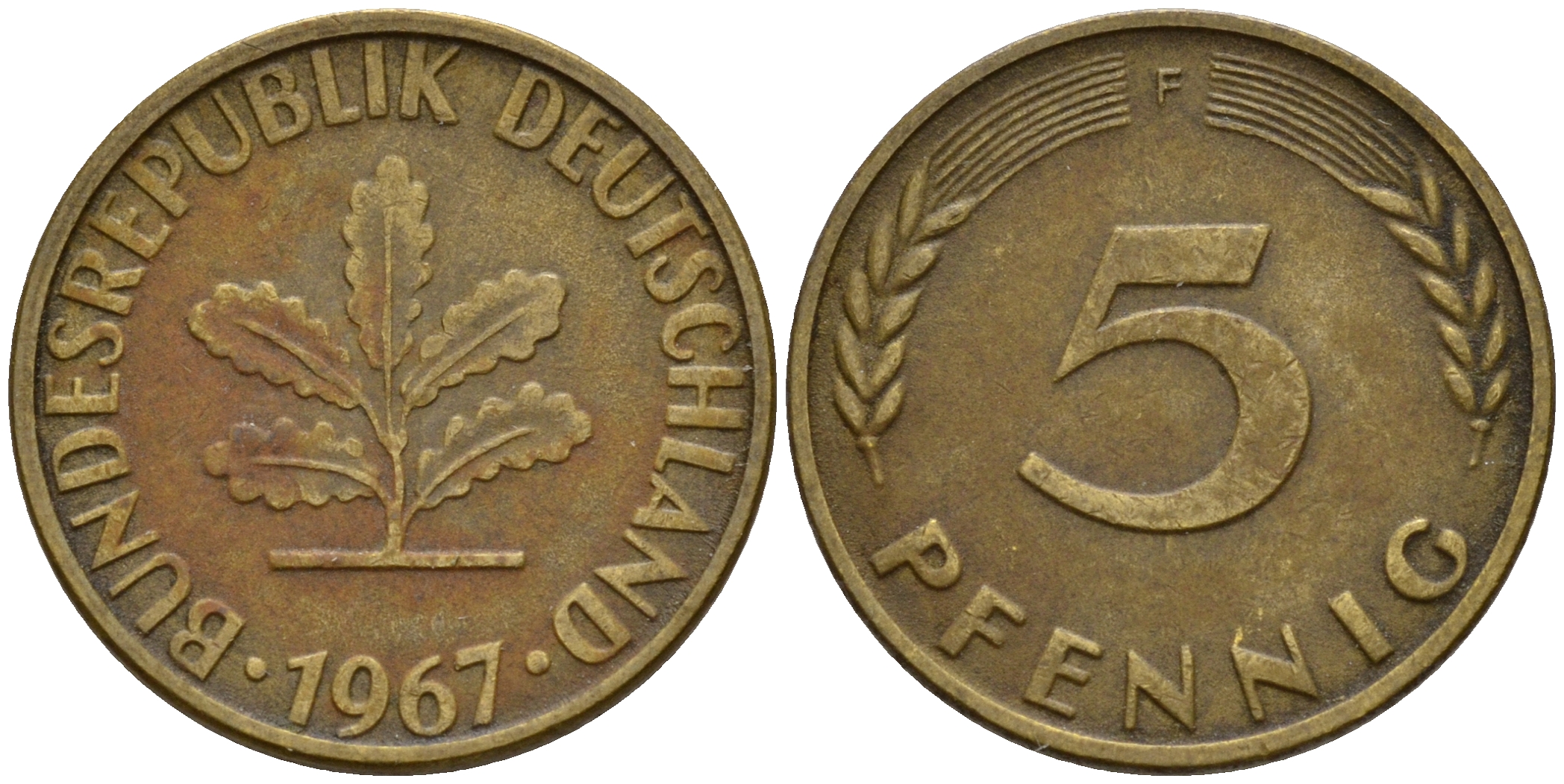 ФРГ 5 пфеннигов 1967 F J.382, KM 107 сталь плакированная латунью    4598-942