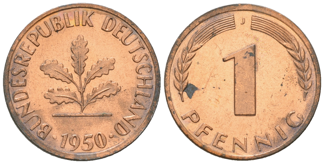 ФРГ 1 пфенниг 1950 J KM 105, J.380 сталь плакированная медью 4164-617