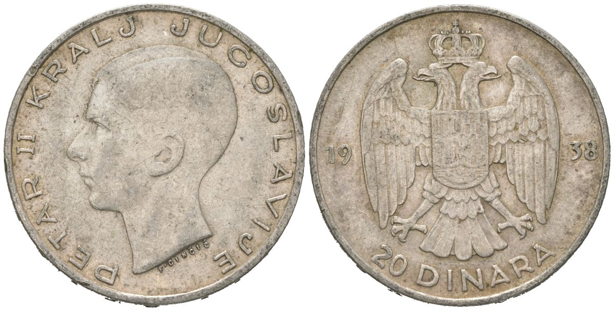 Югославия 20 динаров 1938 Петр II (1934-1945) KM 23 серебро 4182-446