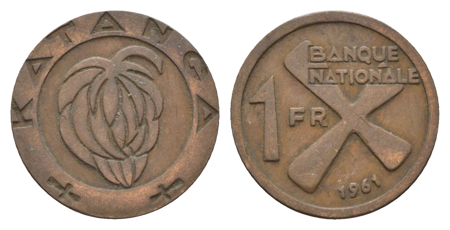 Катанга 1 франк 1961 Заир, балубский крест, связка бананов KM 1 бронза 36-425