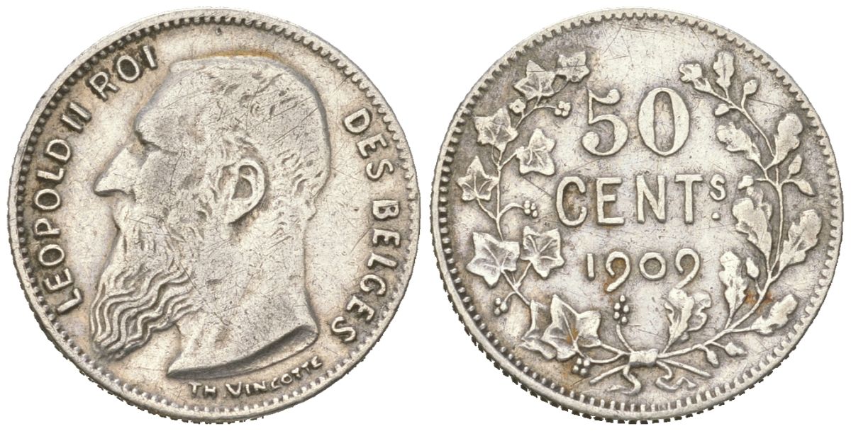 Бельгия 50 сантимов 1909 Леопольд II (1865-1909), DES BELGES KM 60 серебро 63-654
