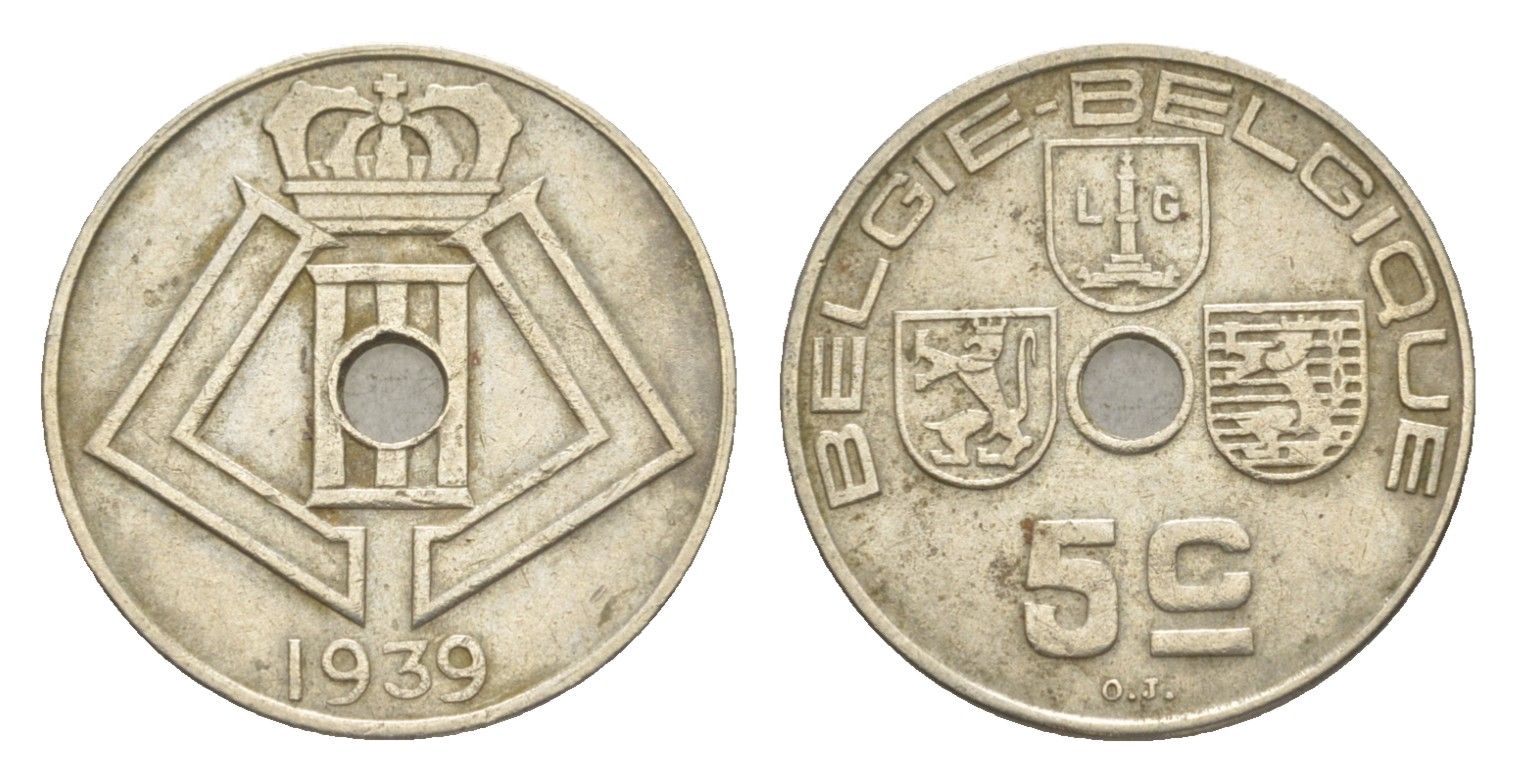 Бельгия 5 сантимов 1939 Belgie - Belgique, Леопольд III (1934-1947) KM 111 никель латунь 4640-1052