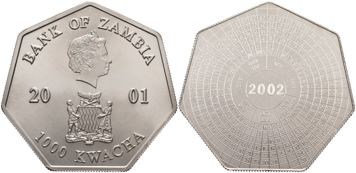 Замбия 1000 квача 2001 календарь, семиугольная KM 74 медно-никель PROOF 02-208-23