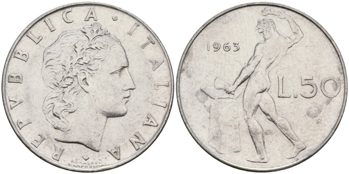 Италия 50 лир 1963 R, бог огня Вулкан у наковальни KM 95.1 нержавеющая сталь 4171-1023