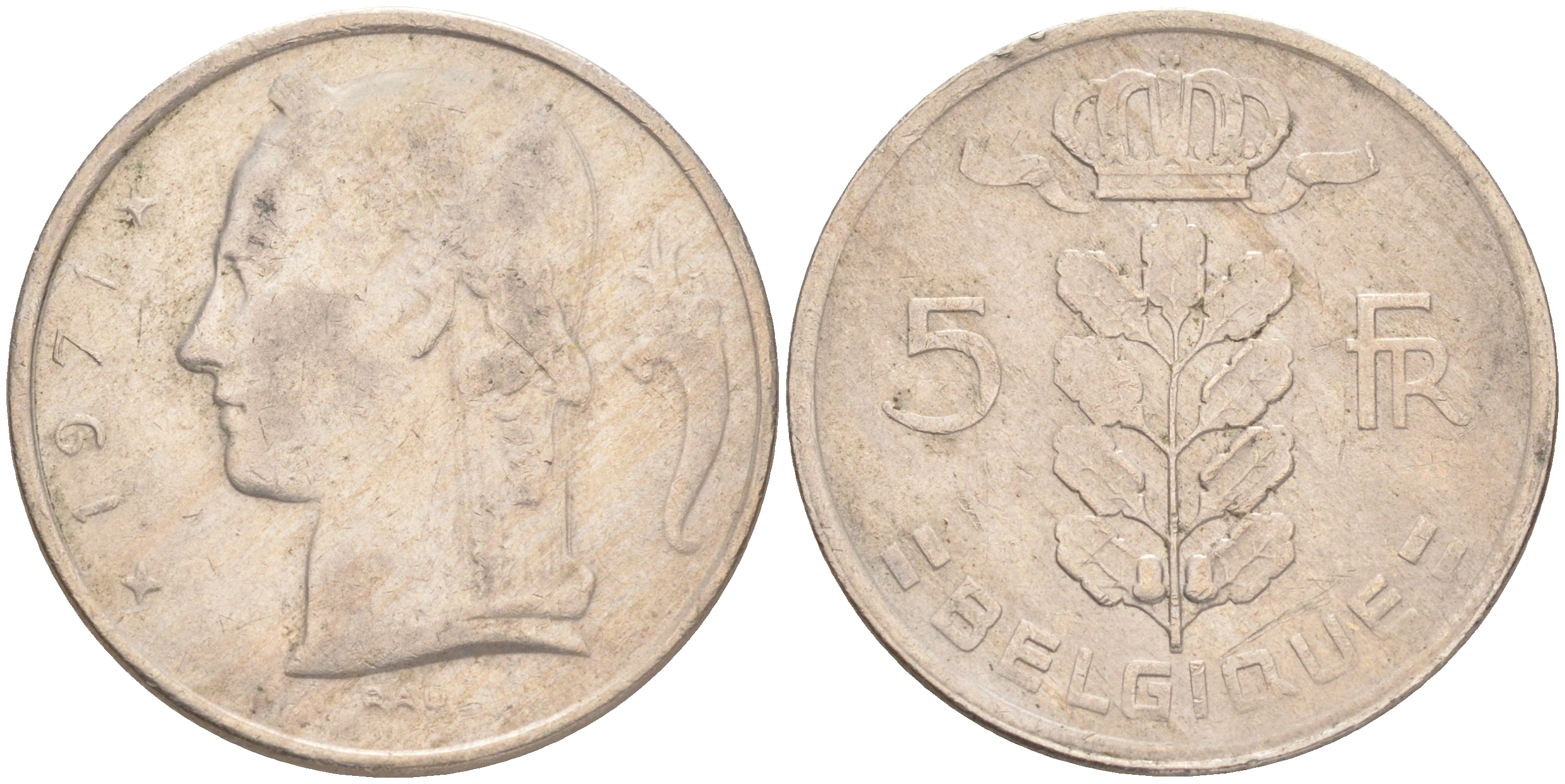 БЕЛЬГИЯ 5 ФРАНКОВ 1971 BELGIQUE KM 134.1 медно-никель 4556-431