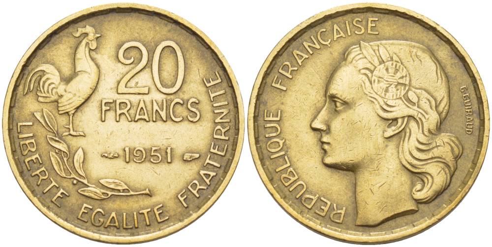 ФРАНЦИЯ 20 ФРАНКОВ 1951 ПЕТУХ, 4 ПЕРА KM 917.1, LE FRANC 402.7 алюминиевая бронза 4551-635
