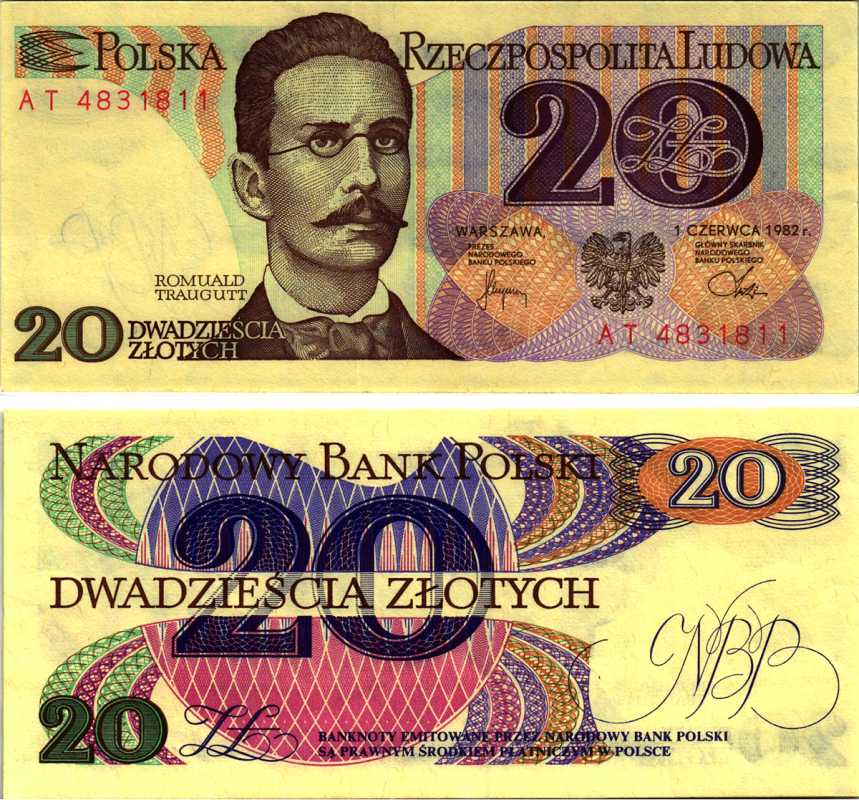 Польша 20 злотых 1982 Ромуальд Траугутт, в серии 2 буквы Pick 149 a (2) бумага аUNC 7487-29-1-1