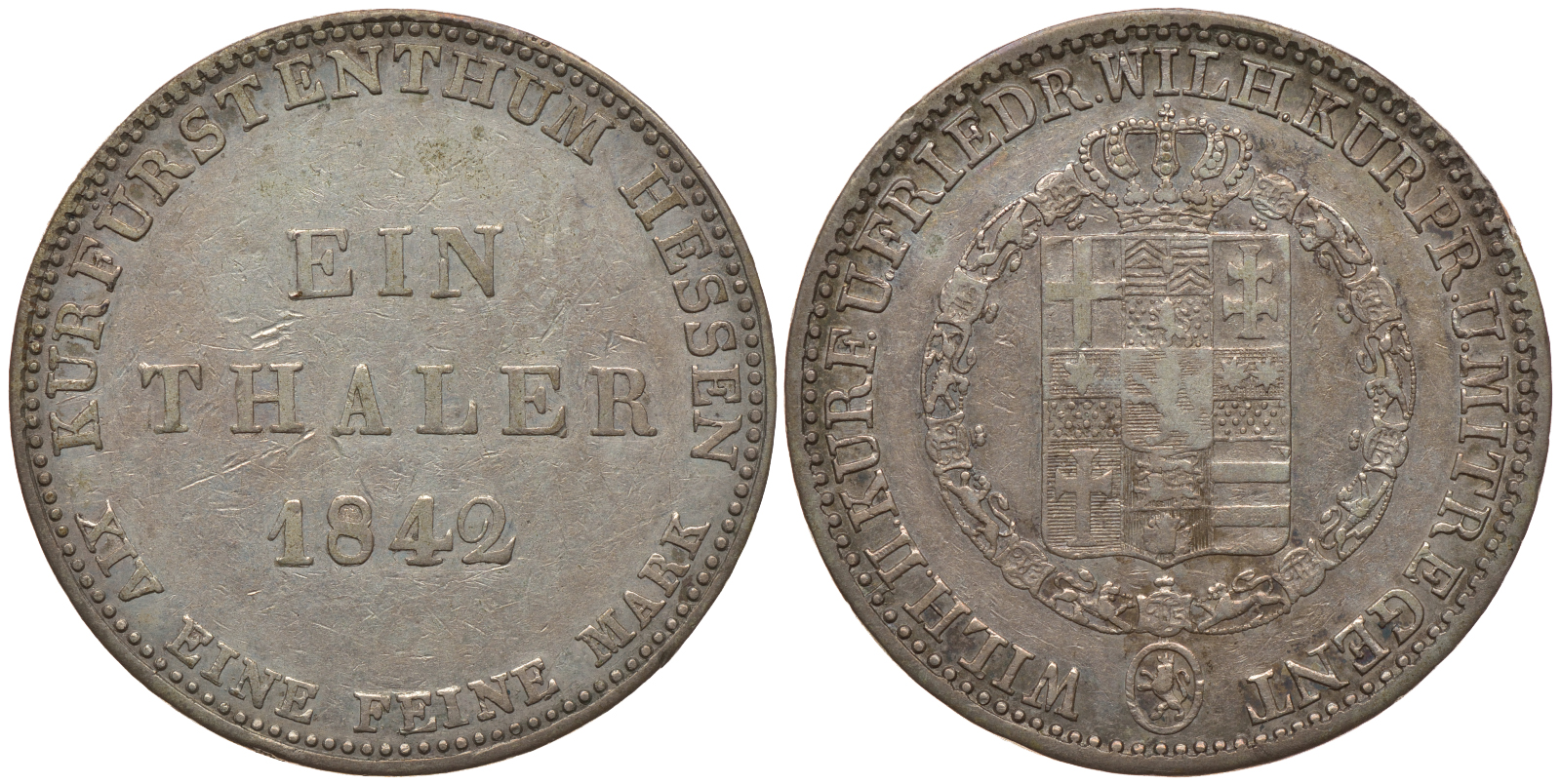 Гессен-Кассель 1 талер 1842 КМ 587, Jaeger 32, Thun 184, AKS 46, Kahnt 252 серебро 00-000-00