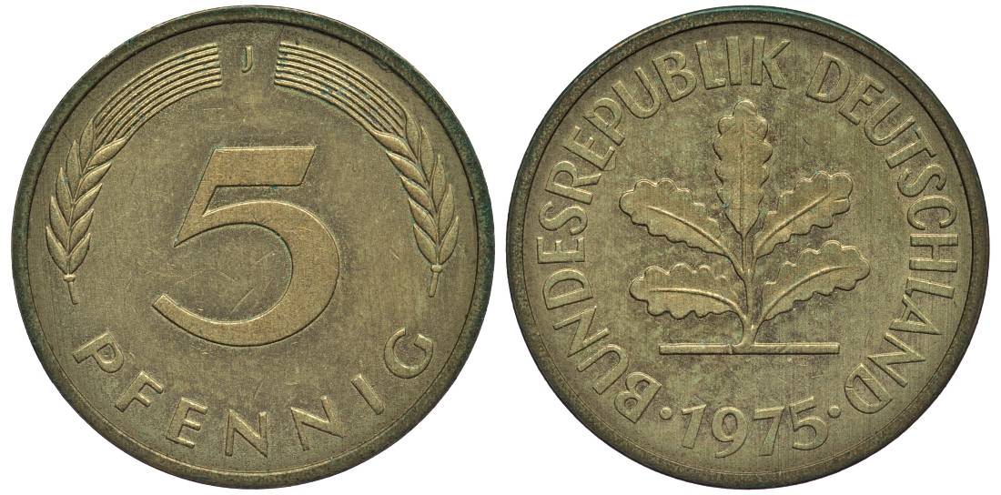 ФРГ 5 ПФЕННИГОВ 1975 J KM 107, Jager 382 сталь плакированная латунью 4547-751