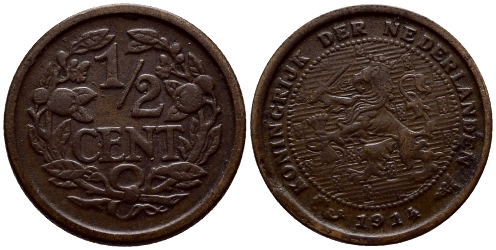 НИДЕРЛАНДЫ 1/2 ЦЕНТА 1914 ВИЛЬГЕЛЬМИНА (1890-1948) KM 138 бронза 46-543