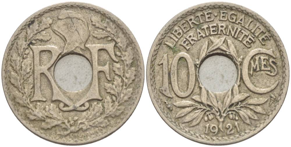 Франция 10 сантимов 1921 тип Линдайё KM 866a, Le Franc 138.3 медно-никель 4544-333