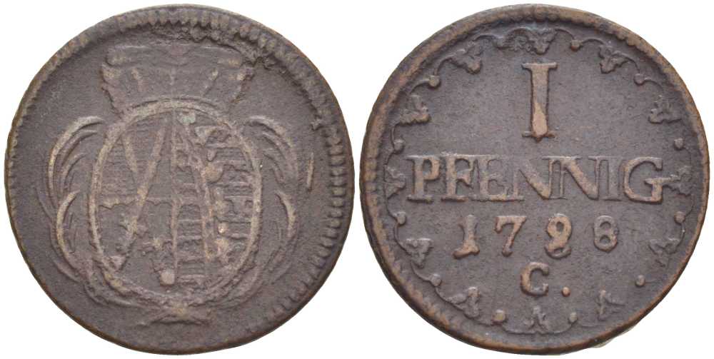 САКСОНИЯ 1 ПФЕННИГ 1788 С, ФРИДРИХ АВГУСТ III (1763-1806) KM 1000 (С91) медь 206-355