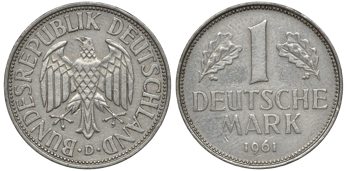 ФРГ 1 МАРКА 1961 D J 385, KM 110 медно-никель 72-713