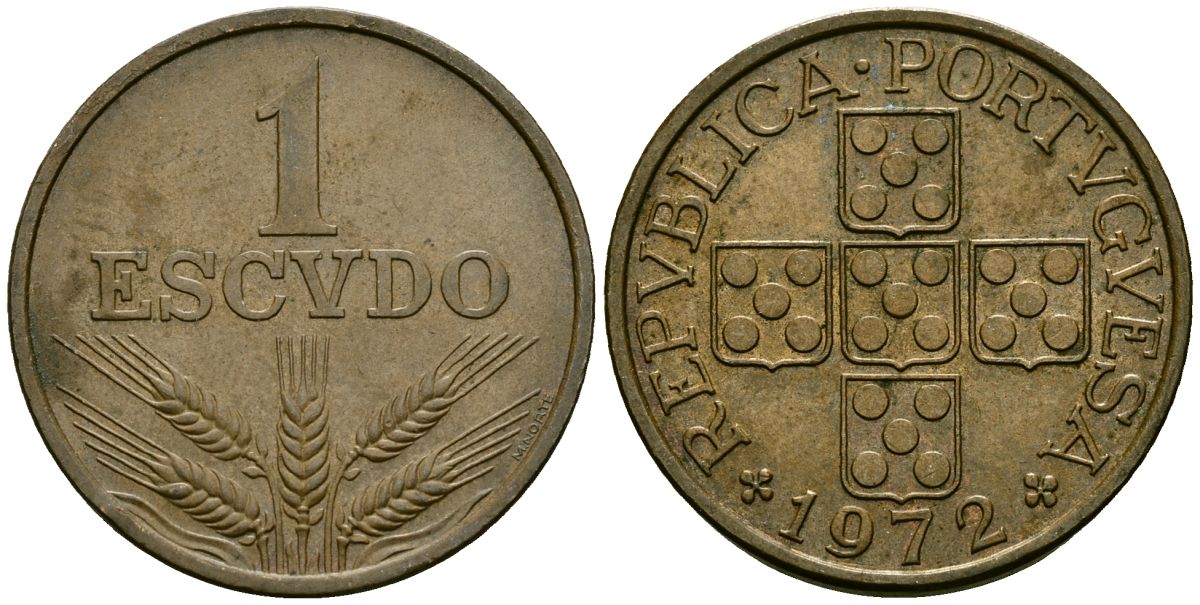 Португалия 1 эскудо 1972 KM 597 бронза 4120-946