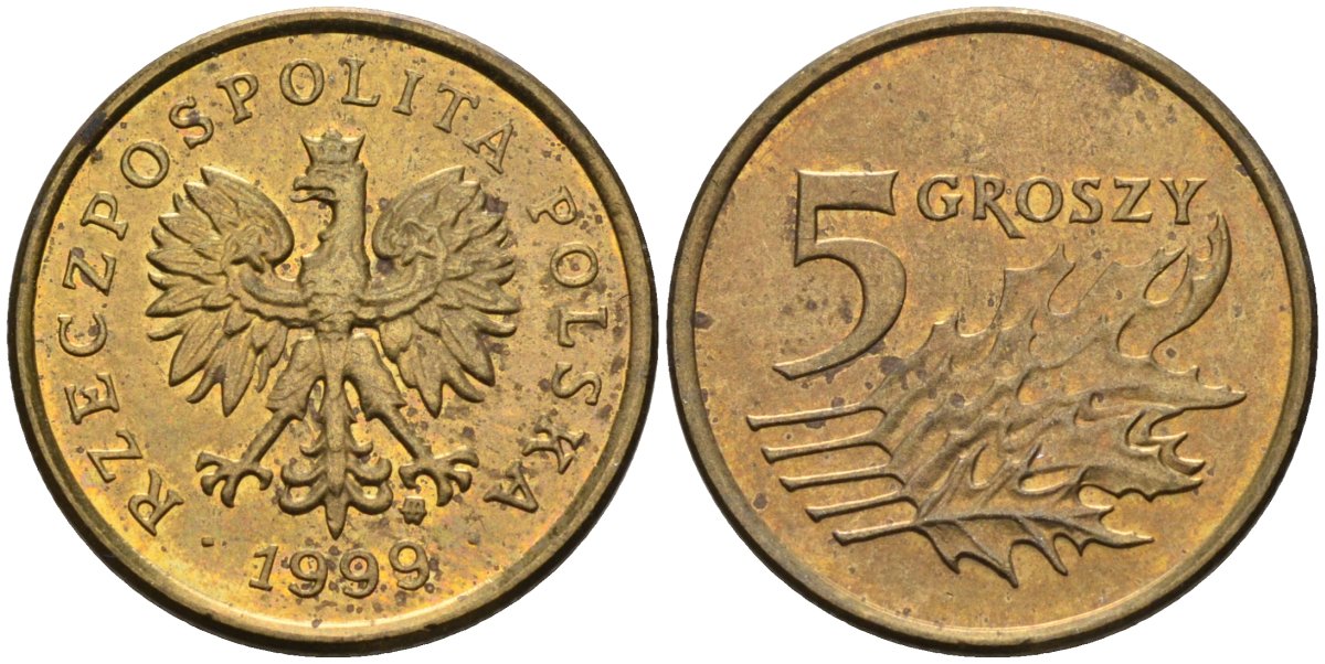 Польша 5 грошей 1999 MW KM 278, Parchimowicz 703f латунь 4580-553