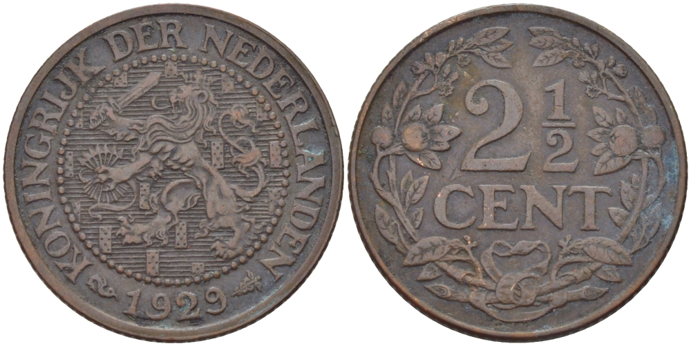 НИДЕРЛАНДЫ 2 1/2 ЦЕНТА 1929 ВИЛЬГЕЛЬМИНА KM 150 бронза 31-953
