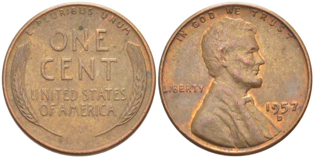 США 1 ЦЕНТ 1957 D, ЛИНКОЛЬН KM А132 медь цинк 218-719