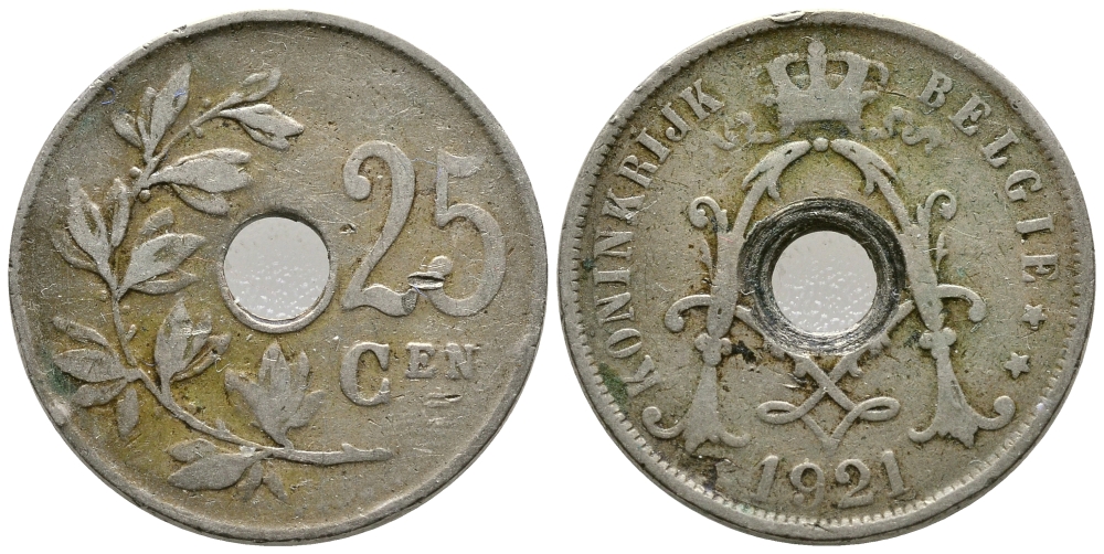 БЕЛЬГИЯ 25 САНТИМОВ 1921 BELGIE KM 69 медно-никель 177-1036