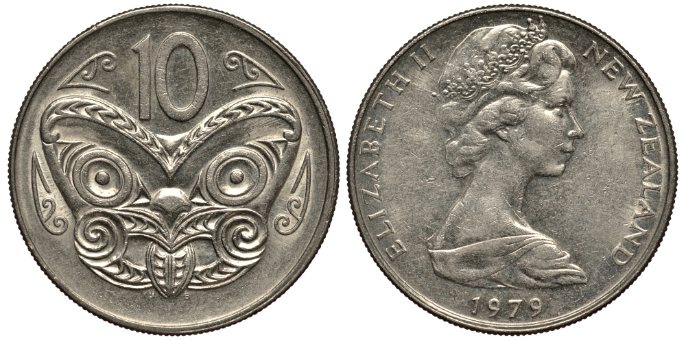 Новая Зеландия 10 центов 1979 Елизавета II (1952-2022), маска маори KM 41.1 медно-никель VF+ 4182-532
