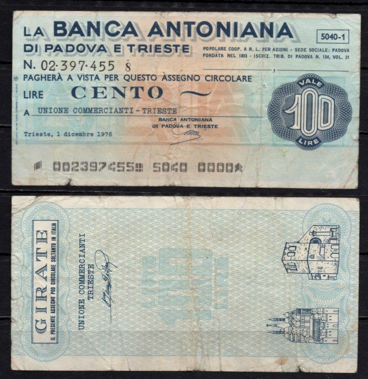 Италия 100 лир 1976 La Banca Antoniana Di Padova e trieste бумага 2195-26-1-2