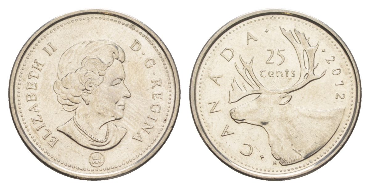 Канада 25 центов 2012 Leaf, Елизавета II (1952-2022), олень KM 2296 сталь плакированная никелем UNC 4631-732