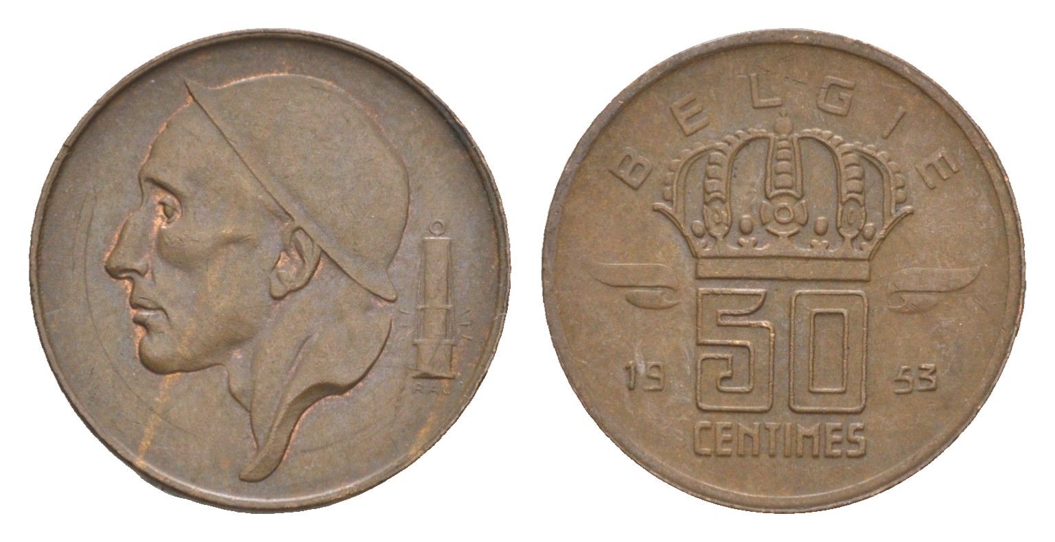 Бельгия 50 сантимов 1953 Belgie KM 145 бронза 4649-562