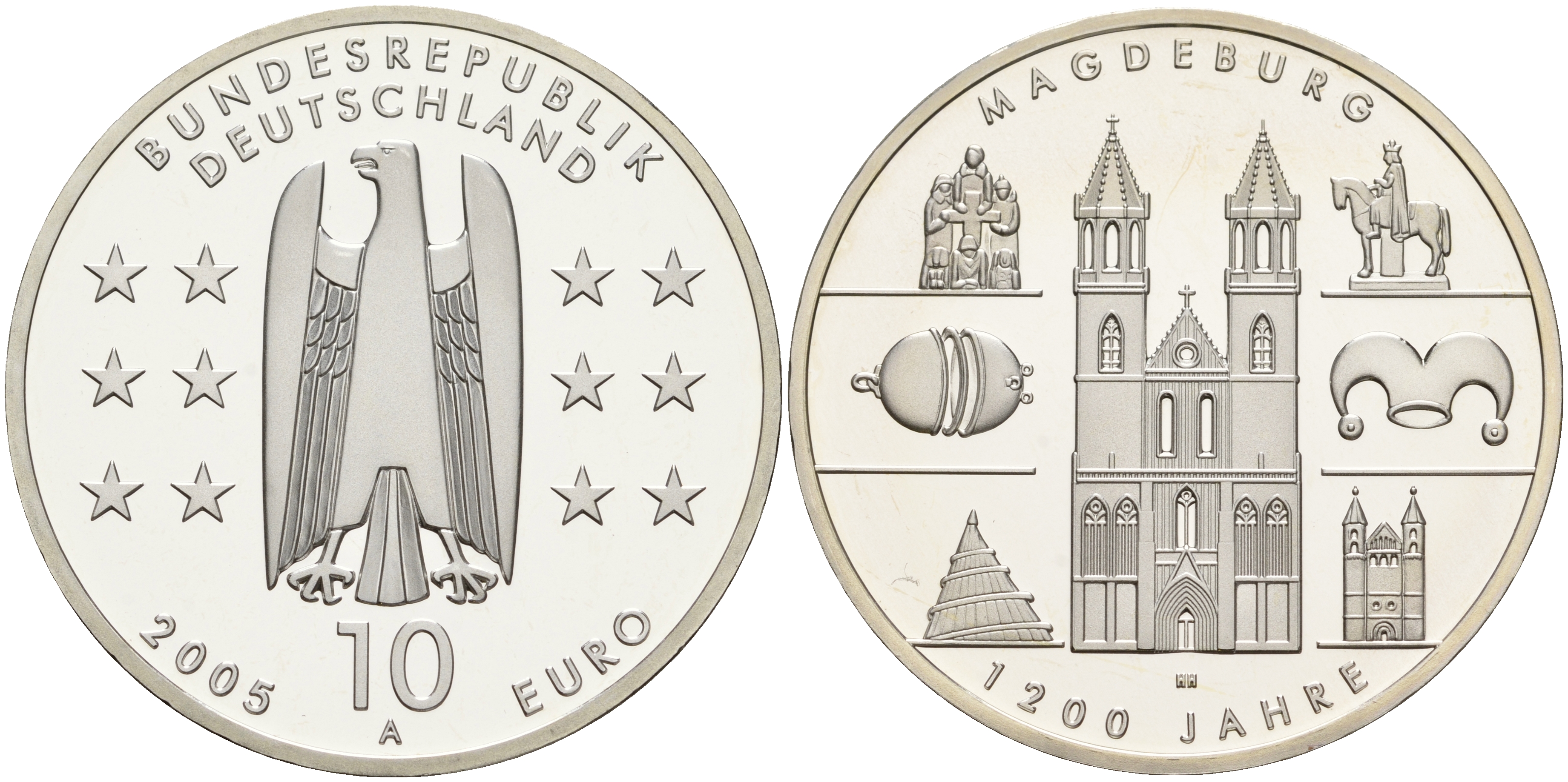 ФРГ 10 евро 2005 А, 1200 лет городу Магдебургу КМ 240, DE.S. 10.22 серебро PROOF 1076-3-43