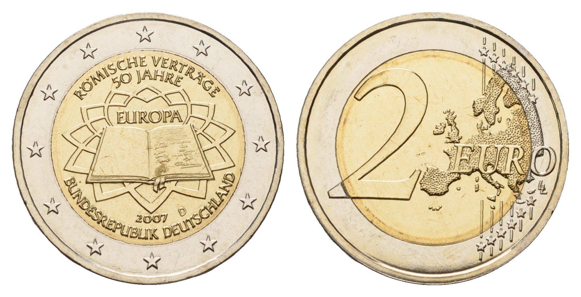 Германия 2 евро 2007 D, 50 лет подписанию Римского договора KM 259 биметалл UNC 1096-2-25