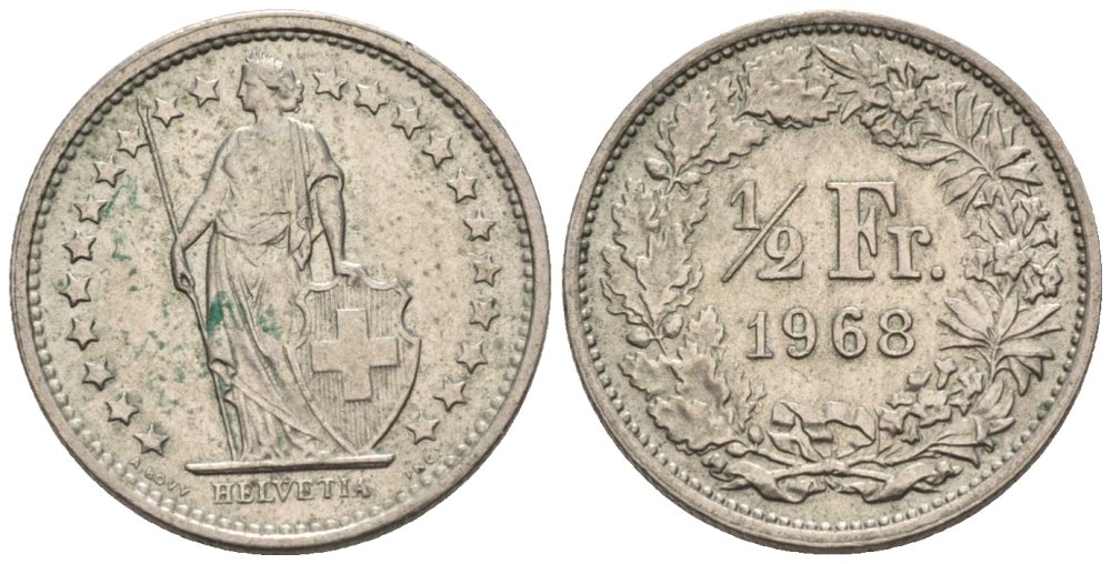 Швейцария 1/2 франка 1968 В KM 23а медно-никель 4576-935
