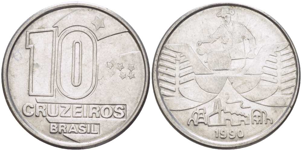 Бразилия 10 крузейро 1990 золотодобыча KM 619.1 нержавеющая сталь 3856-1216
