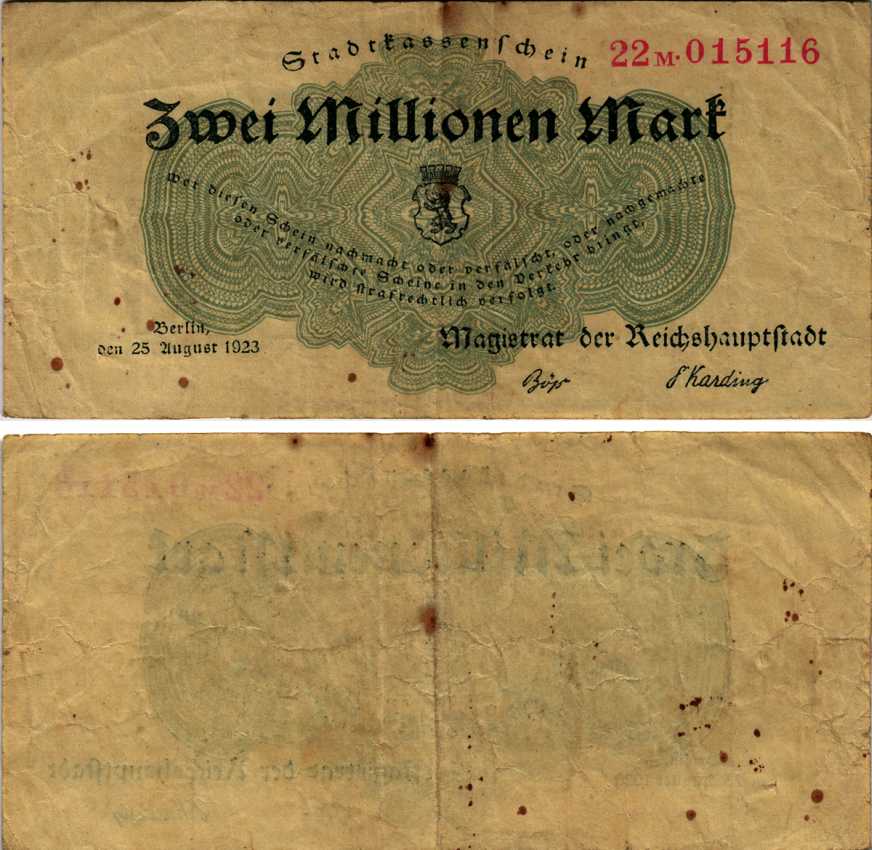 ГЕРМАНИЯ 2000000 МАРОК 1923 25 АВГУСТА 1923, БЕРЛИН (МАГИСТРАТ), НОТГЕЛЬД бумага 444-131-1
