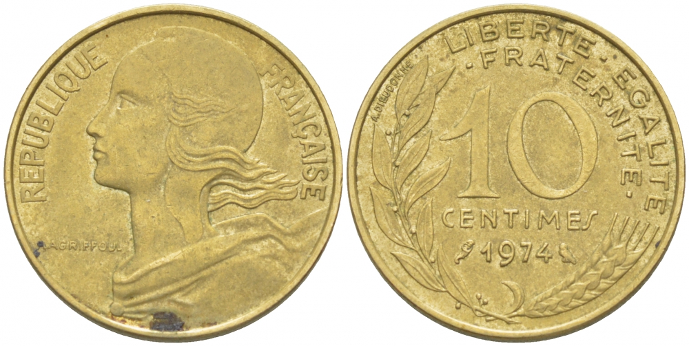 ФРАНЦИЯ 10 САНТИМОВ 1974 ТИП MARIANNE KM 929, LE FRANC 144.14 алюминиевая бронза 3309-1055