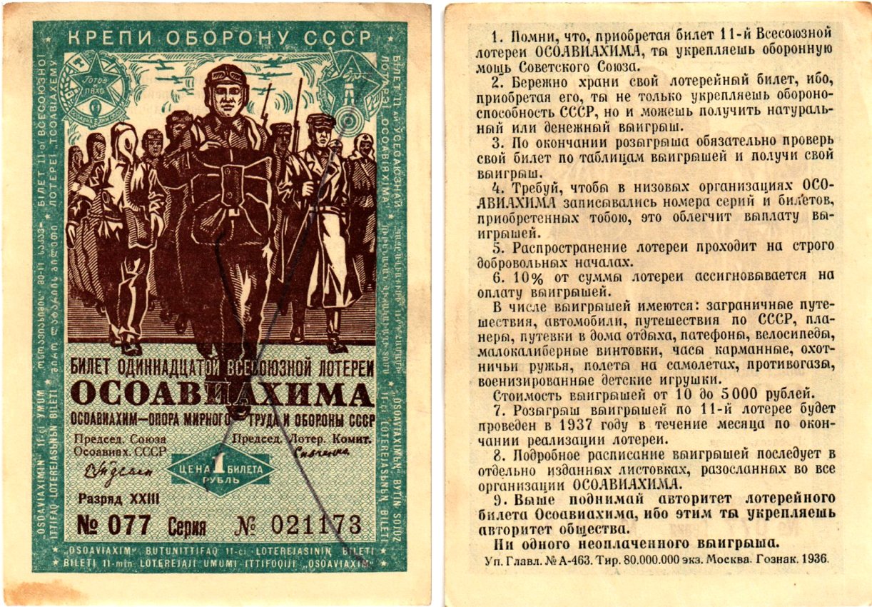 СССР 1 рубль 1936 Одиннадцатая всесоюзная лотерея Осоавиахима 2196-4-2-2