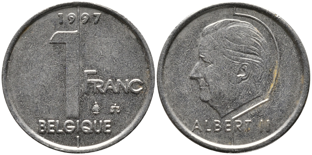 БЕЛЬГИЯ 1 ФРАНК 1997 BELGIQUE, АЛЬБЕРТ II (1993-) KM 187 железо плакированное никелем 99-1227