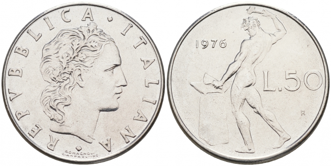 ИТАЛИЯ 50 ЛИР 1976 R КУЗНЕЦ KM 95.1 сталь 3996-924
