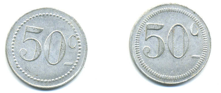 ФРАНЦИЯ 50 САНТИМОВ НАЧАЛО XX ВЕКА d 24 мм, вес около 1,0 гр., платежный жетон алюминий 89-917