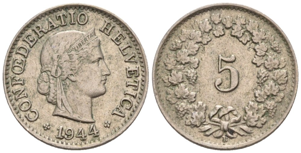 Швейцария 5 раппенов 1944 В KM 26 медно-никель 4576-924