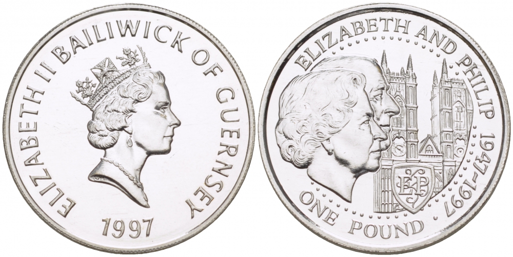 Гернси 1 фунт 1997 Елизавета и Филлип, золотая свадьба KM 70 серебро UNC 650-314