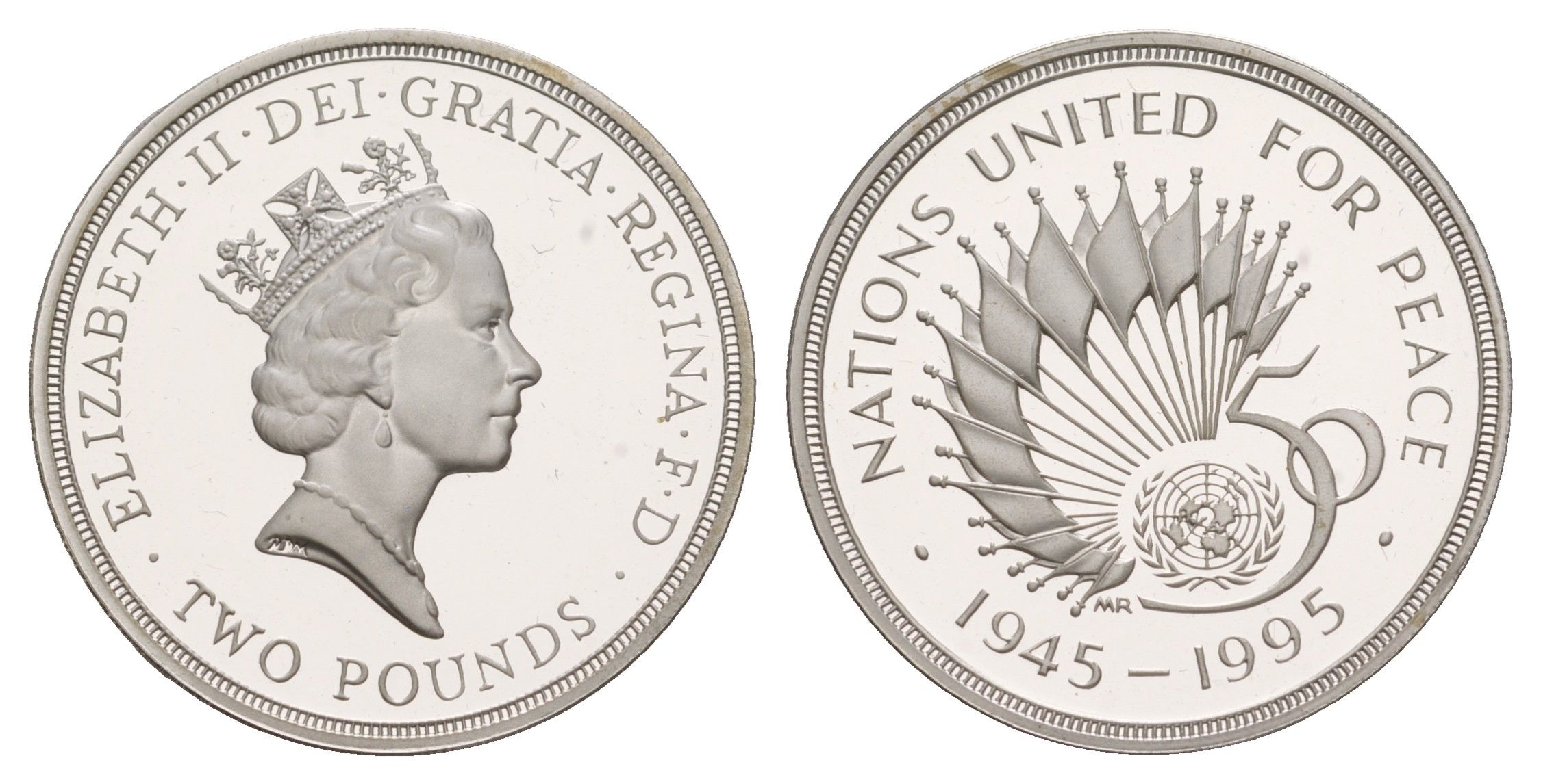 Великобритания 2 фунта 1995 50 лет ООН KM 971a, Spink K6 серебро PROOF 11-252-11