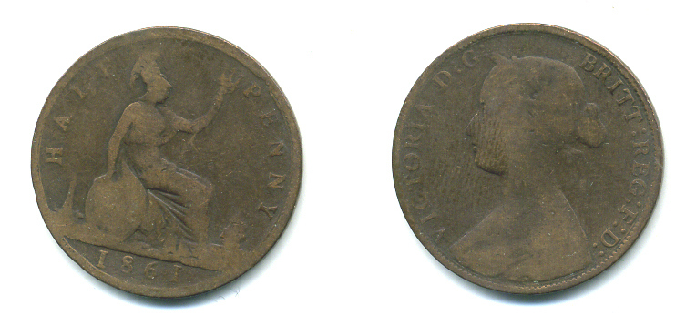 Великобритания 1/2 пенни 1861 Виктория (1837-1901) KM 748.2, Spink 3956 бронза 4383-333
