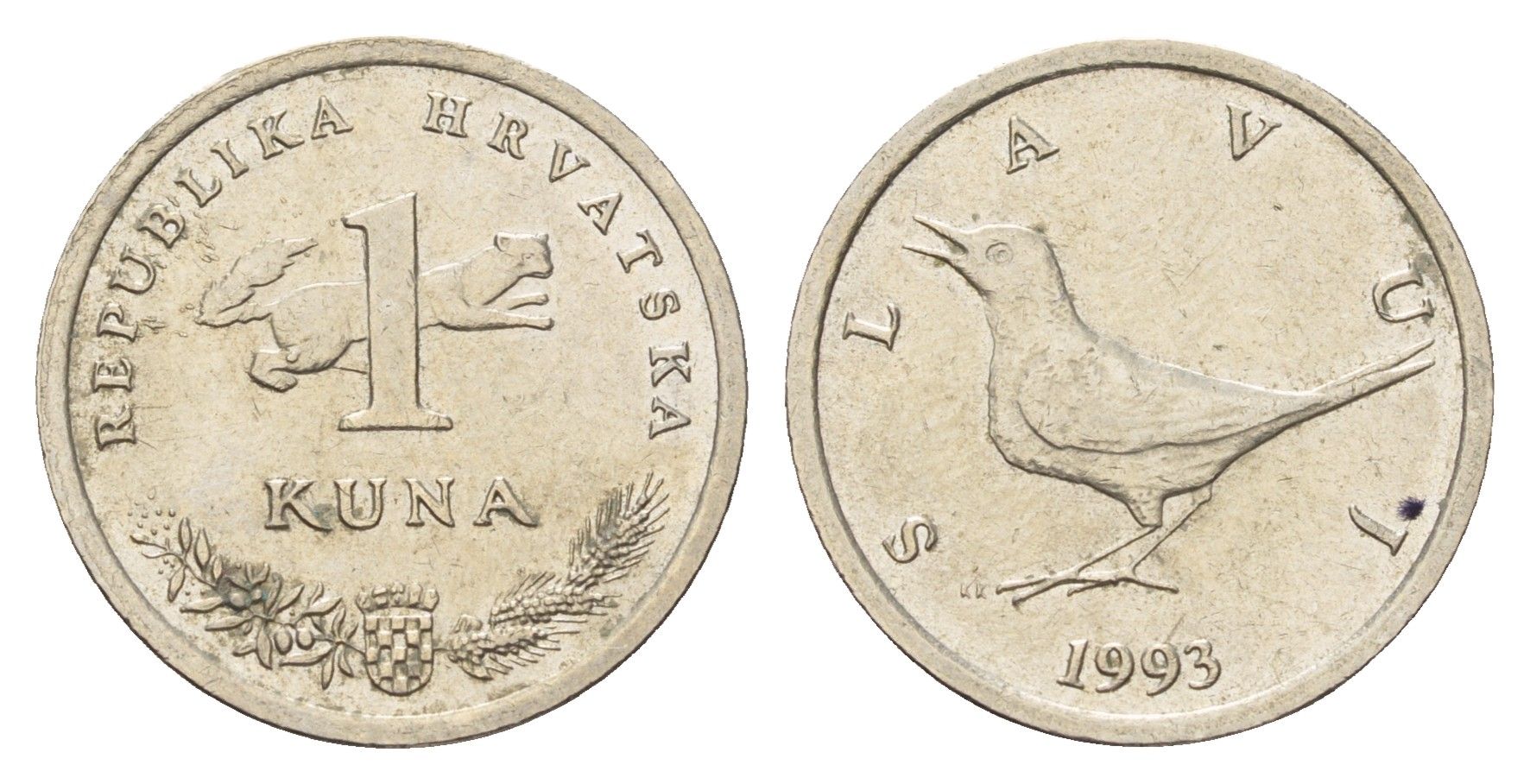 Хорватия 1 куна 1993 западный соловей, легенда на хорватском KM 9.1 медь цинк никель 3459-931