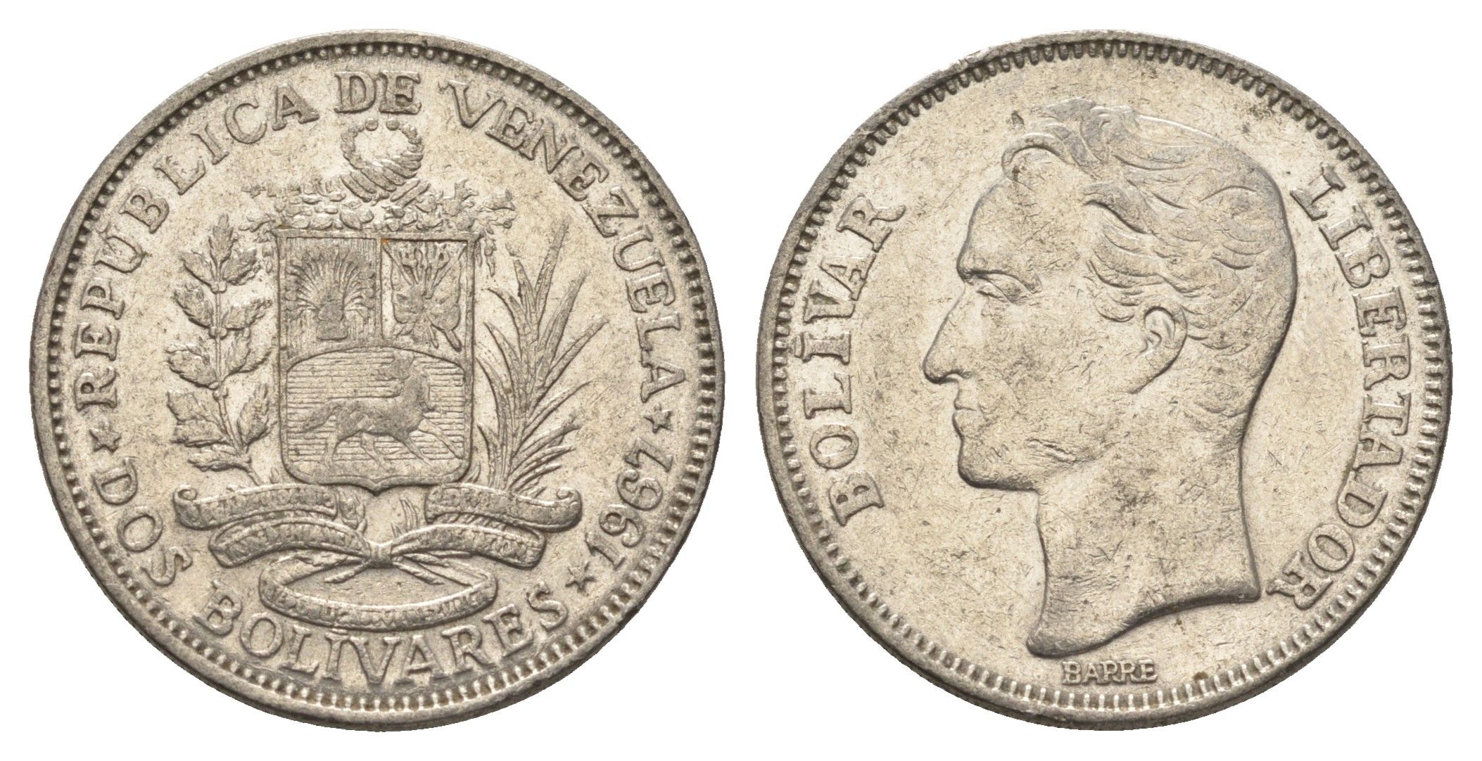 Венесуэла 2 боливара 1967 Симон Боливар Y 43 никель 4662-931