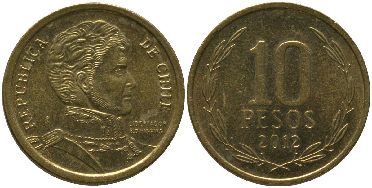 Чили 10 песо 2012 So KM 228.2, Schon 82 алюминиевая бронза UNC 4544-917