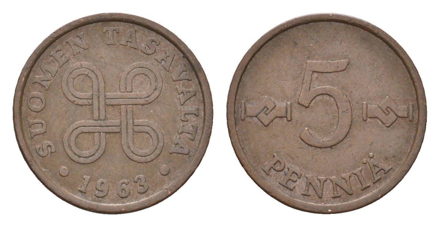 Финляндия 5 пенни 1963 KM 45 медь 4669-364
