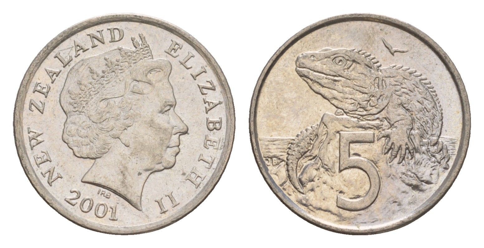 Новая Зеландия 5 центов 2001 Елизавета II (1952-2022), ящерица гаттерия KM 116 медно-никель 4588-254