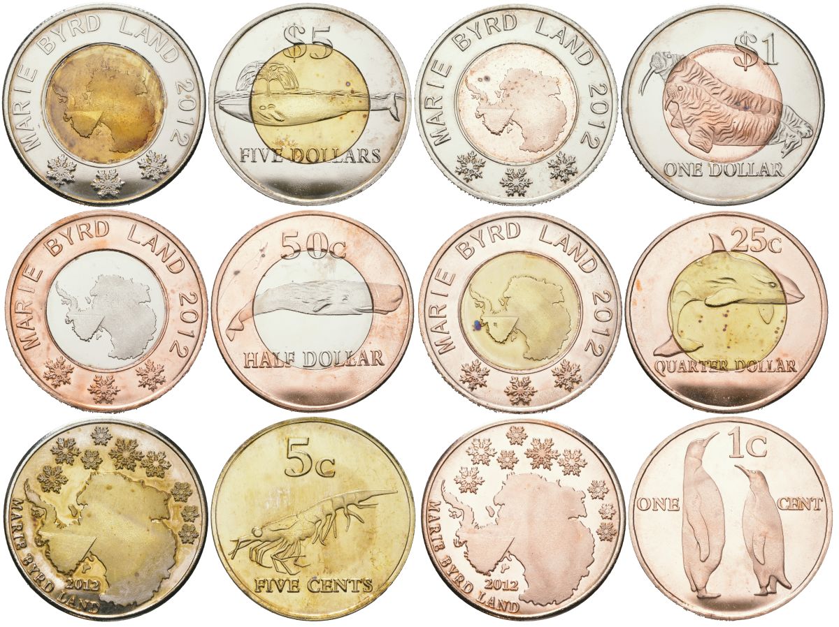 Земля Мэри Бэрд набор из 6 монет (1, 5, 25 и 50 центов; 1 и 5 долларов) 2012 морские обитатели - пингвин, омар, дельфин, кит, морж биметалл PROOF 00-00